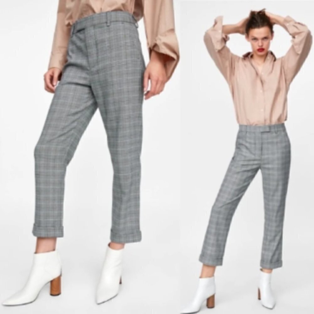 Zara Houndstooth Gray Slim Fit Cuff‎ Hem Dress Pants 4